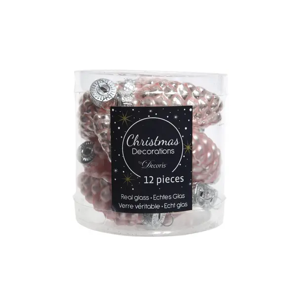 12 Pommes de pin en verre roses