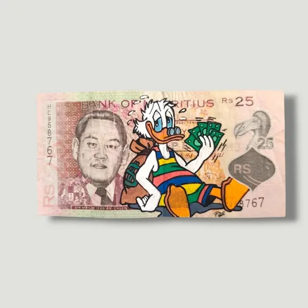 Peinture originale picsou sur authentique billet de l'île maurice - pop art