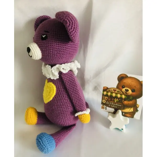 Doudou ours violet au crochet, peluche bébé en coton bio fait main les doudous de ghis