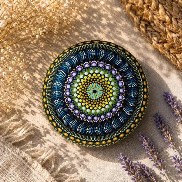 Pierre mandala xxl multicolore – 20 cm – peinte à la main