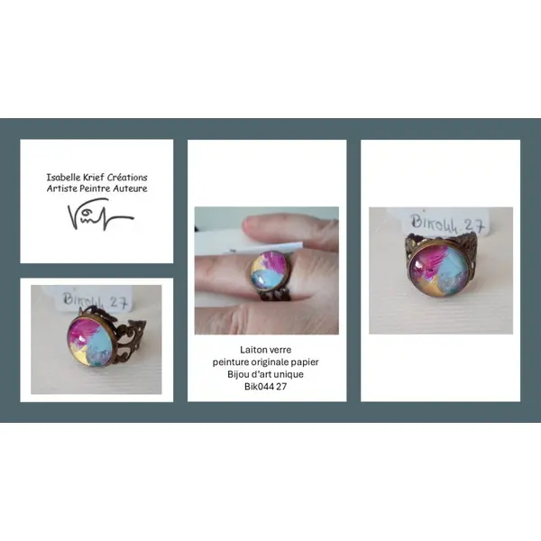 Bague peinture art contemporain abstrait,anneau ajustable filigrane victorien,cabochon en verre rond,cadeau fete anniversaire noel