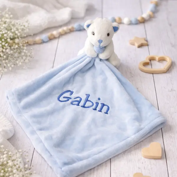 Doudou hochet personnalisé Ours bleu