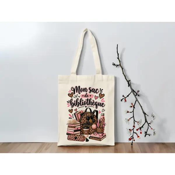 Tote bag bibliothèque léopard rose – sac à livres personnalisé avec prénom ou sans prénom