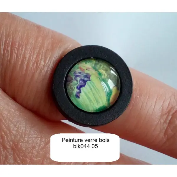 Bague ajustable avec cabochon en verre rond, peinture vert violet, fleuri printemps boheme poetique,bois noir, anneau argente aju