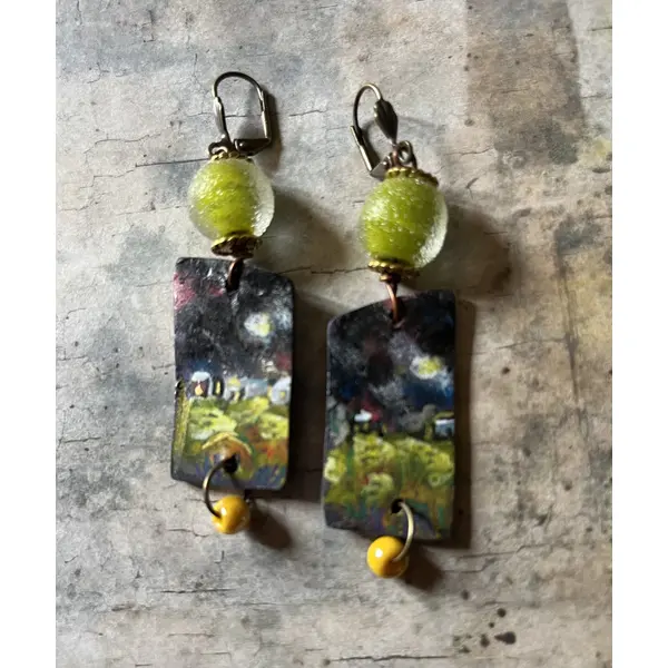 Soir d’orage, boucles d’oreilles série mini tableaux, création artisanale unique