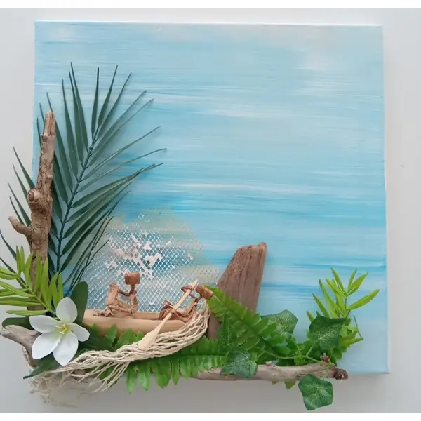 Tableau abstrait peint avec décor tropical marin (bois flotté/barque/feuillage) - 43x44 cm