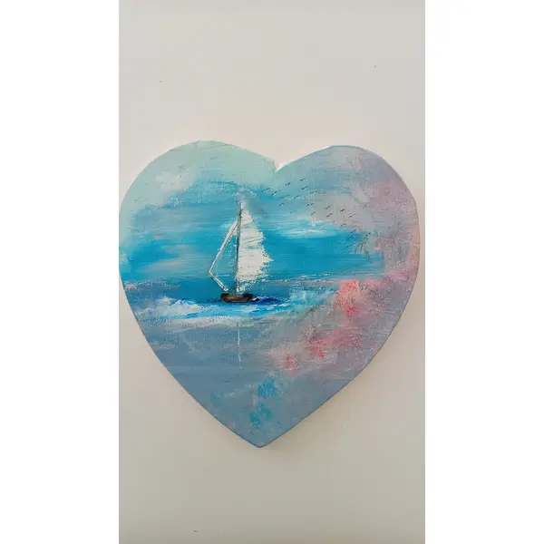 Suspension marine : coeur peint avec voilier - 30x29 cm