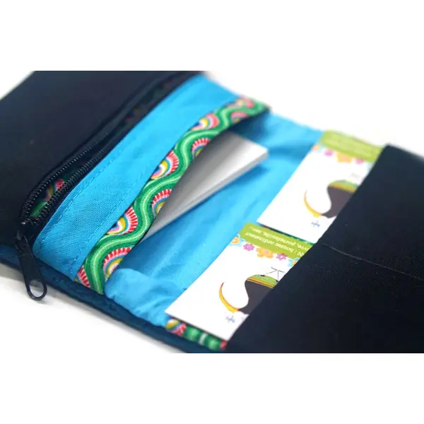 Portefeuille compact femme similicuir turquoise et tissu plumes de paons avec élastique