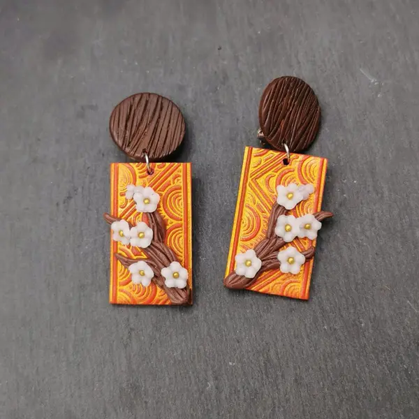 Boucles d'oreilles clips inspiration japon "branche de sakura" - rouge et or- acier inoxydable - bijou zen - oreilles non percées