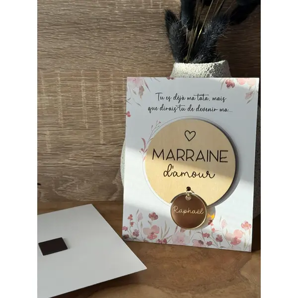 Magnet en bois avec pendentif personnalisé - demande surprise parrain marraine - annonce grossesse - cadeau baptême communion