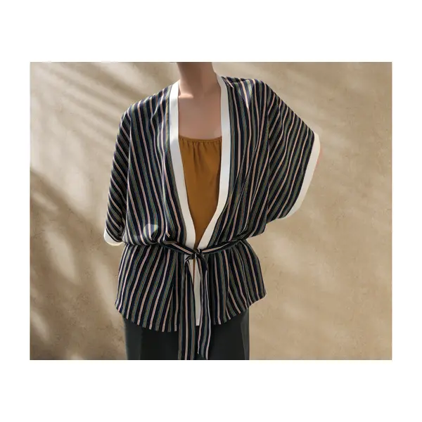 Kimono chemise ample rayé bleu marine, vert, beige et ocre