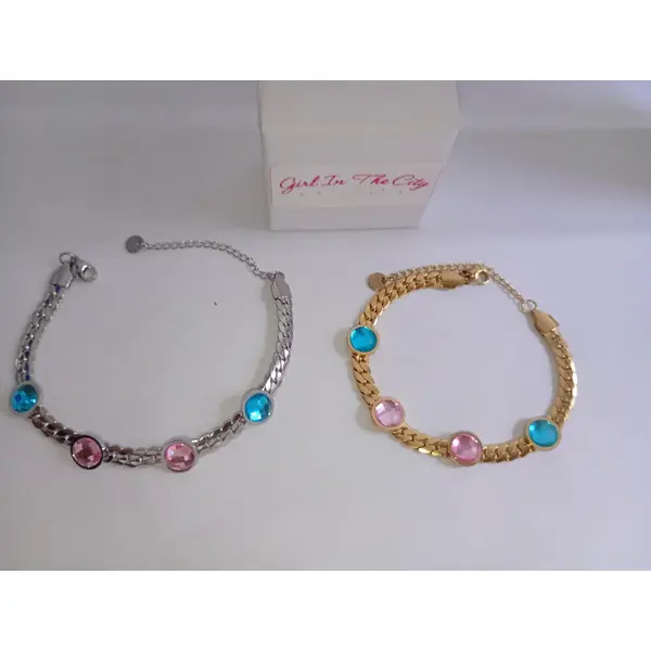Bracelet doré ou argenté acier inoxydable, gourmette chic avec cristaux turquoise et rose, bijou élégant ajustable
