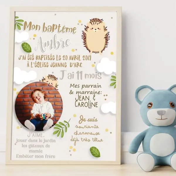 Affiche de baptême personnalisée à encadrer - Hérisson
