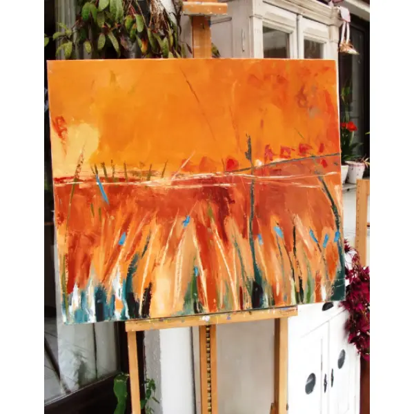 Peinture abstraite au couteau à l'huile sur toile de lin sur châssis : "entre ses rayons"