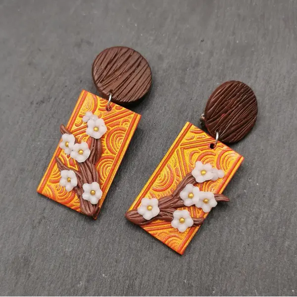 Boucles d'oreilles clips inspiration japon "branche de sakura" - rouge et or- acier inoxydable - bijou zen - oreilles non percées