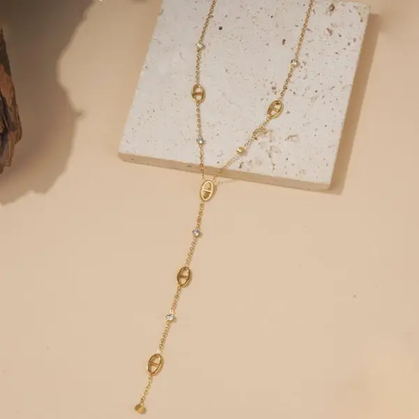 Collier sautoir mailles marines et cristaux de verre - collier y acier inoxydable doré ou argenté– collier lasso grain de cafés- idée cadeau