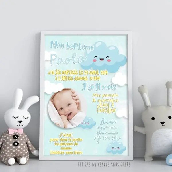 Affiche de baptême personnalisée à encadrer - Nuage