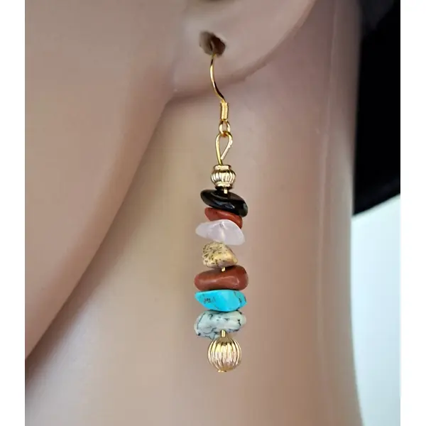 Boucle d'oreille perles en pierre multicolore, crochets en métal acier inoxydable doré