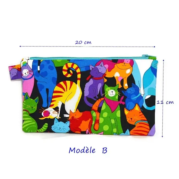 Trousse pour crayons ou pochette pour sac à main, motifs petits chats colorés