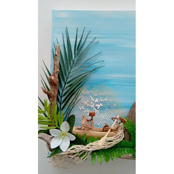 Tableau abstrait peint avec décor tropical marin (bois flotté/barque/feuillage) - 43x44 cm