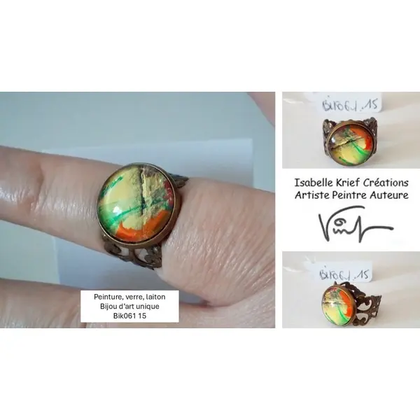 Bague peinture jaune vert orange,avec cabochon en verre rond,anneau ajustable art nouveau fleuri,bijou art unique,fait mains en france