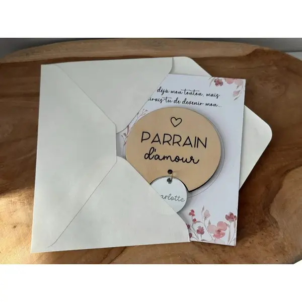Magnet en bois avec pendentif personnalisé - demande surprise parrain marraine - annonce grossesse - cadeau baptême communion
