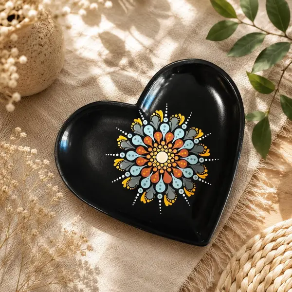 Coupelle cœur noire – mandala orange & vert peint à la main – vide-poche artisanal