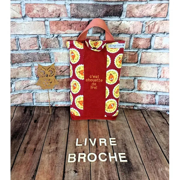 Grande housse pour livre broché, pochette à livre velours, chouette orange bordeaux, velours côtelé, cadeau lecteur lectrice