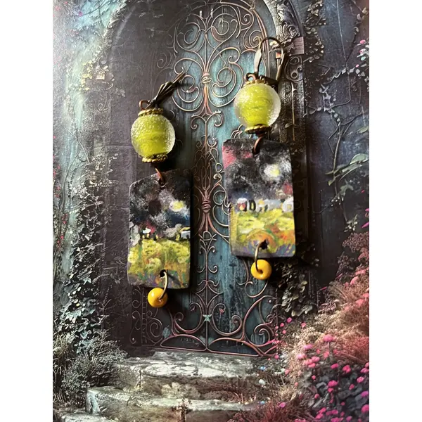 Soir d’orage, boucles d’oreilles série mini tableaux, création artisanale unique