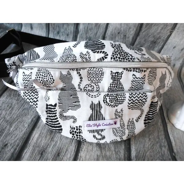 Sac banane pour homme ou femme, jacquard chats gris, sac bandoulière, cadeau femme homme, cadeau anniversaire fêtes