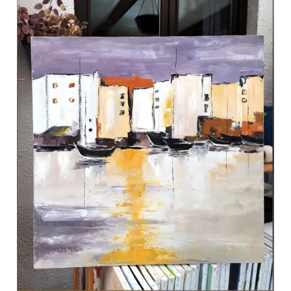 Peinture de marine , dans le midi, huile au couteau sur toile de lin sur châssis... : "port de marseille"