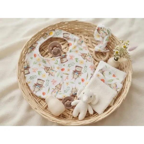 Coffret naissance/box naissance tissus beige et lapins