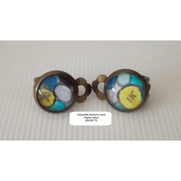 Clips d'oreilles pop art bleu jaune violet blanc,base laiton bronze,aquarelle originale,fait mains en france,cadeau fete anniversaire noel