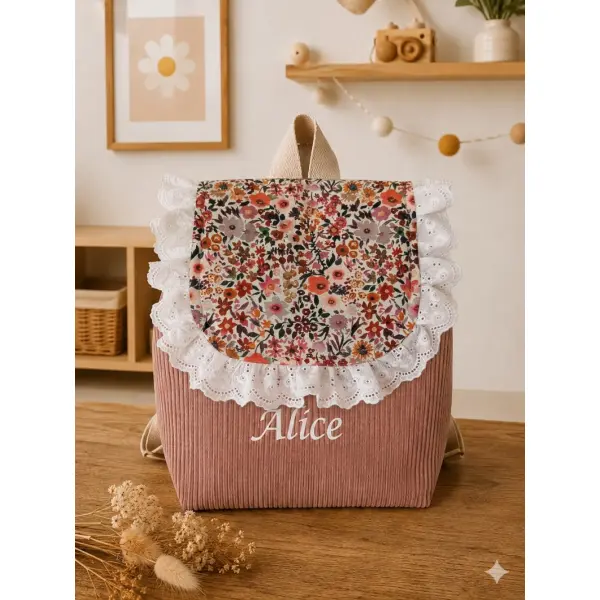 Sac à dos enfant maternelle personnalisé – velours rose poudre & motif floral