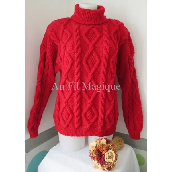 Pull irlandais femme tricot fait-main taille 44/46 couleur rouge