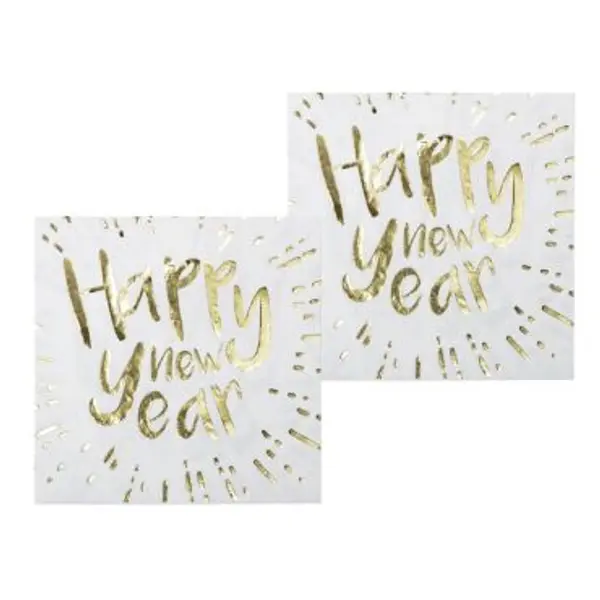12 serviettes en papier " Happy New Year - Blanc & Or