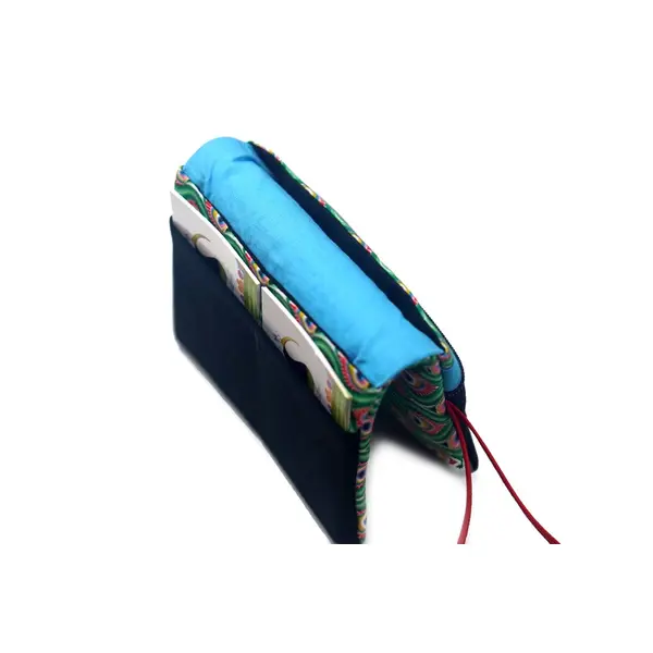 Portefeuille compact femme similicuir turquoise et tissu plumes de paons avec élastique