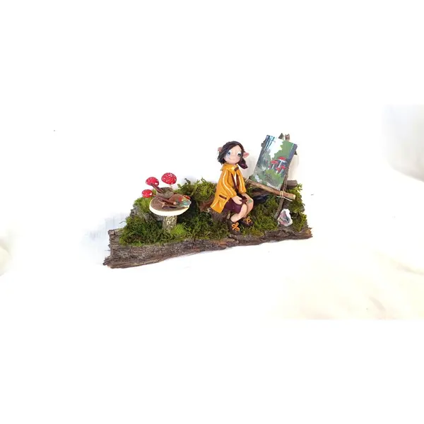 Lutin fimo fait main, figurine féerique artisanale, scène forêt magique, décoration elfique unique