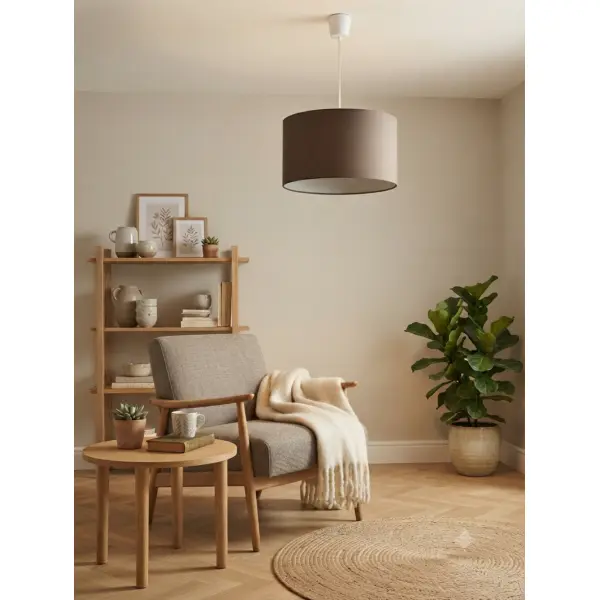 Abat-jour taupe effet textile – luminaire déco naturel, scandinave, déco intérieure contemporain et campagne chic lampe chevet