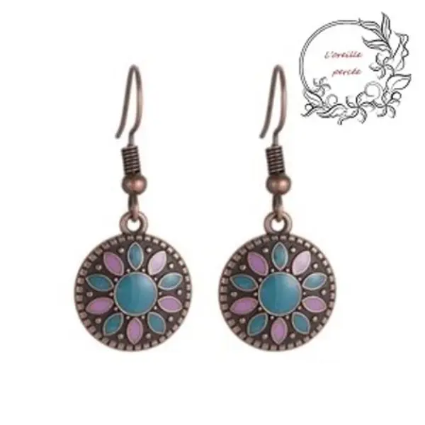 Boucle d'oreille médaillon bleu/parme