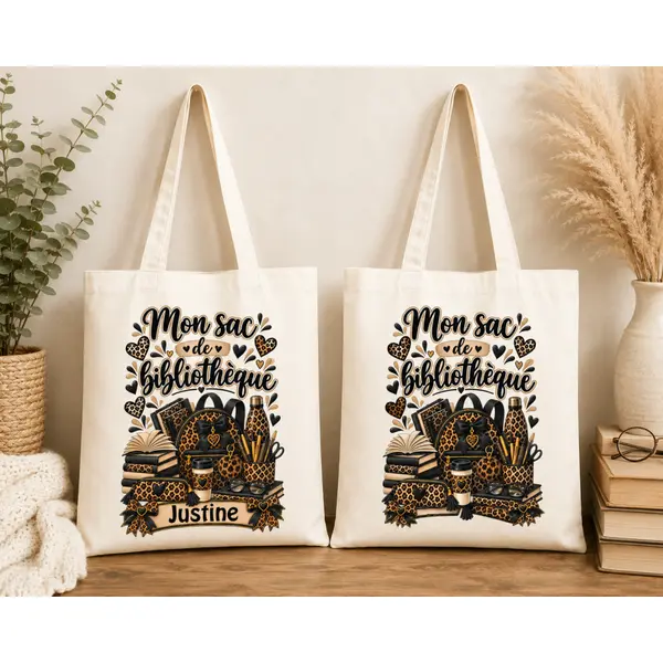 Sac de bibliothèque léopard beige et noir – tote bag lecture personnalisé avec prénom ou sans prénom