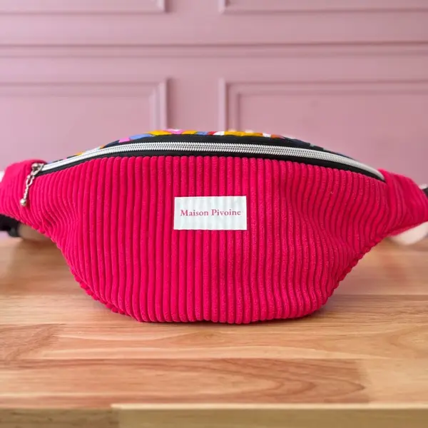 Sac banane velours fuchsia & coton pop – banane femme cousue main en bretagne