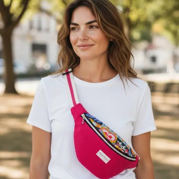 Sac banane velours fuchsia & coton pop – banane femme cousue main en bretagne