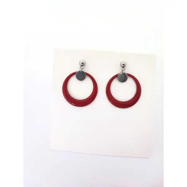 Boucles d’oreilles en acier inoxydable, anneaux émaillés rouge foncé