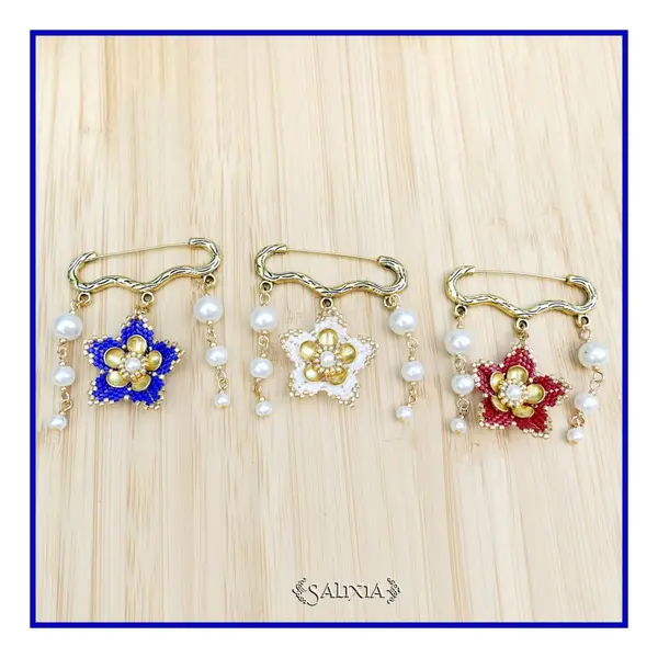 Broche fleur tissée perles japonaises rouges perles nacrées blanches (#br19)