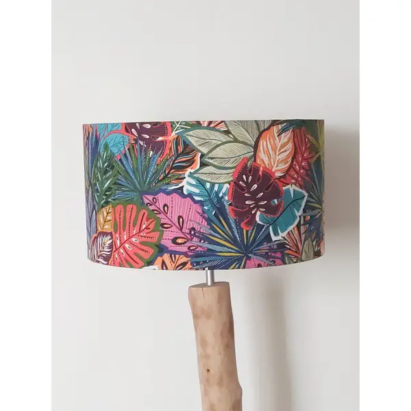 Abat-jour jungle tropicale colorée, feuillage exotique, luminaire déco bohème chic, tissu coton oeko-tex, fabrication française