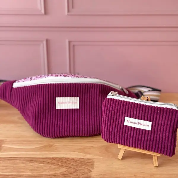 Sac banane velours prune & coton léopard rose – sacoche femme artisanale française