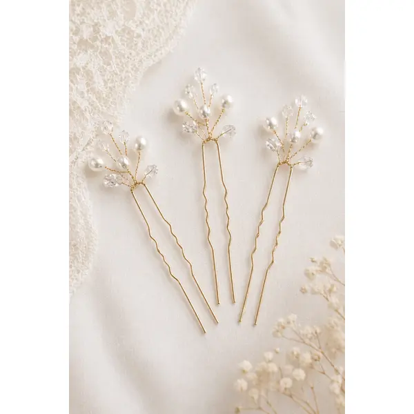 Pics à cheveux mariée perles & cristaux dorés – accessoire chignon élégant – rosée céleste