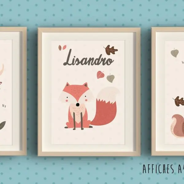 Trio d'affiches thème Cerf Renard Chouette & écureuil personnalisées pour chambre d'enfant avec prénom