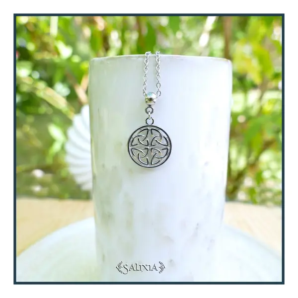 Collier pendentif noeud bouclier celtique porte bonheur talisman chaine et mousqueton entièrement en acier inoxydable (#c424)